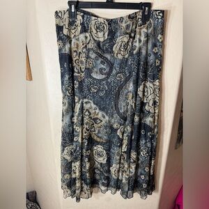 Coldwater Creek Black Beige Floral Paisley Mesh Lined Midi Skirt Size L